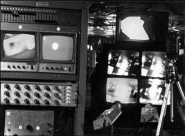 A black and white photo of a television set.