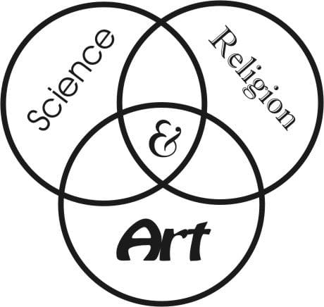 A black and white image of three circles with the words " science & religion " in them.