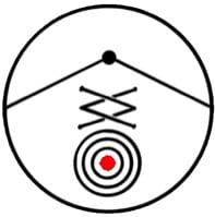 A circle with an arrow and a red dot in it.