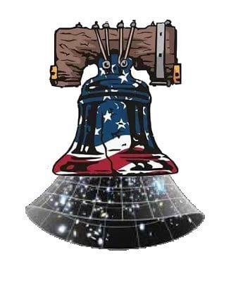 A cartoon of the liberty bell with stars and stripes.