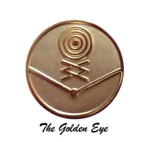 Here's an alt tag for the image: Golden Eye logo pin.