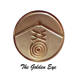 Golden Eye symbol, round gold pin.