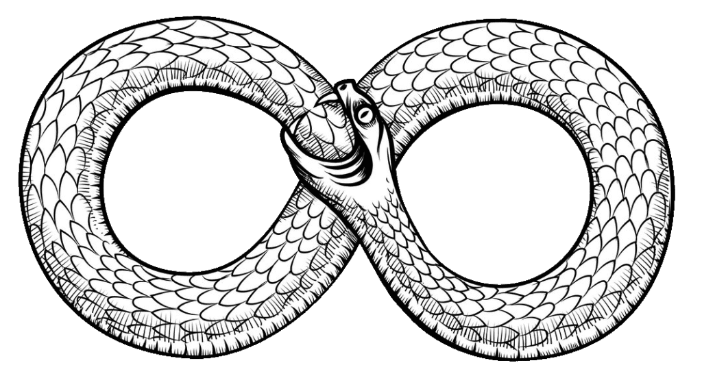 A drawing of two snakes in the shape of an infinity sign.