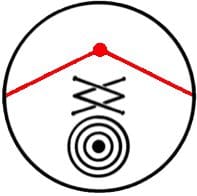 A circle with an arrow and a red line on it.