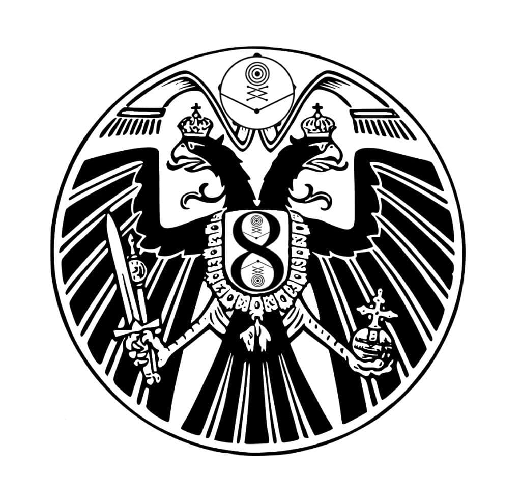 A black and white image of the seal of the 8 th reich.