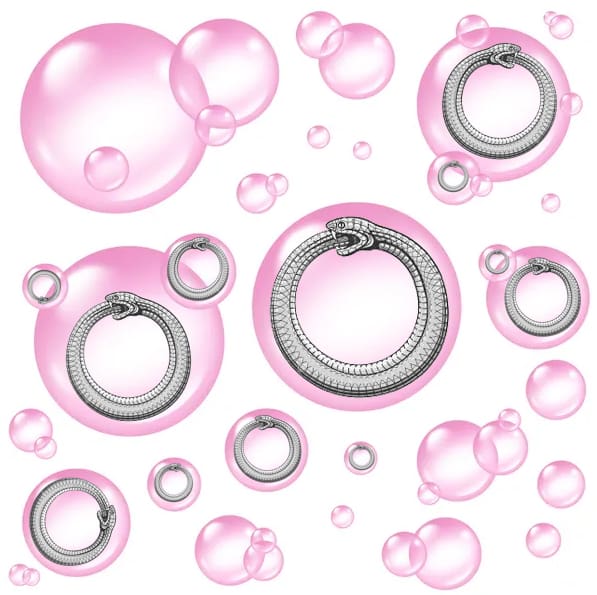 Pink bubbles with ouroboros snakes.